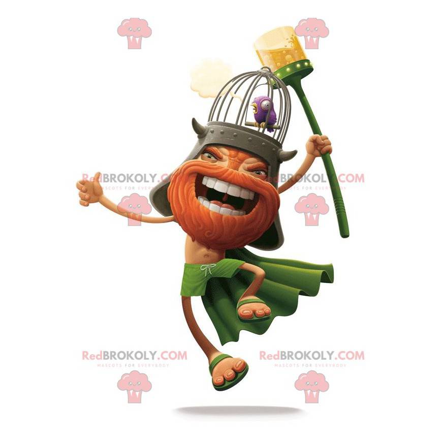 Bearded Viking mascot dressed in orange and green -