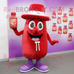 Lavender Bottle Of Ketchup mascot costume character dressed with a Romper and Hat pins