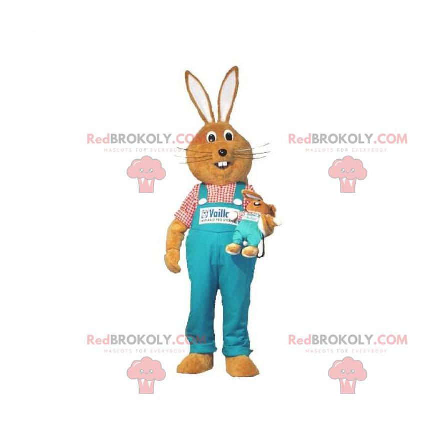 Brun kaninmaskot med blå overall - Redbrokoly.com