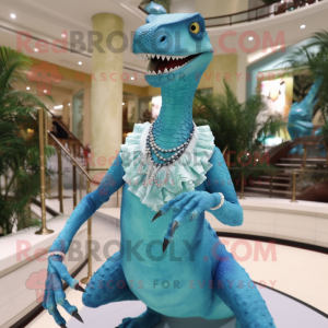 Cyan Coelophysis mascot costume character dressed with a Empire Waist Dress and Necklaces