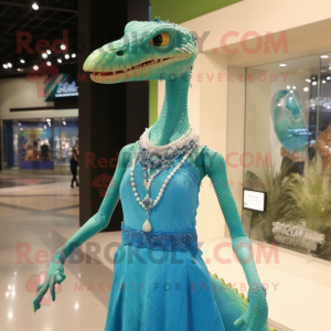 Cyan Coelophysis mascot costume character dressed with a Empire Waist Dress and Necklaces