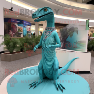 Cyan Coelophysis mascot costume character dressed with a Empire Waist Dress and Necklaces