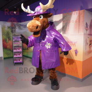 Purple Moose mascot costume character dressed with a Raincoat and Hat pins