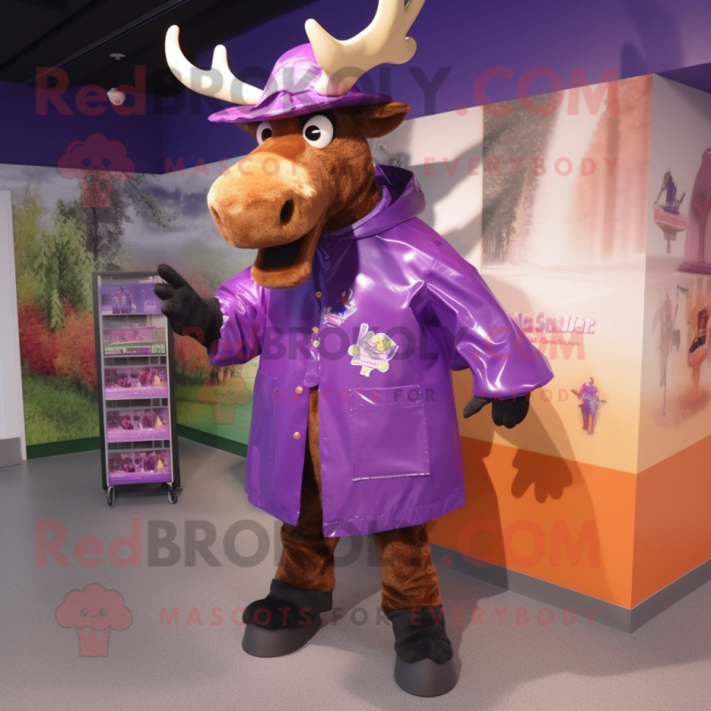 Purple Moose mascot costume character dressed with a Raincoat and Hat pins