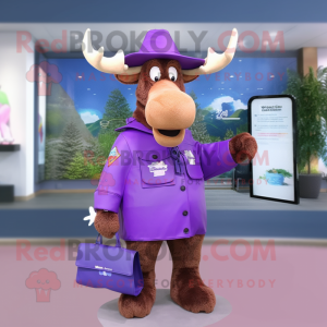 Purple Moose mascot costume character dressed with a Raincoat and Hat pins