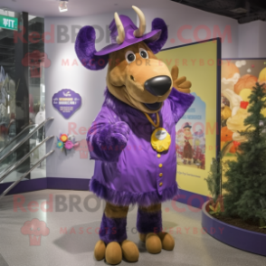 Purple Moose mascot costume character dressed with a Raincoat and Hat pins