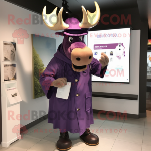 Purple Moose mascot costume character dressed with a Raincoat and Hat pins