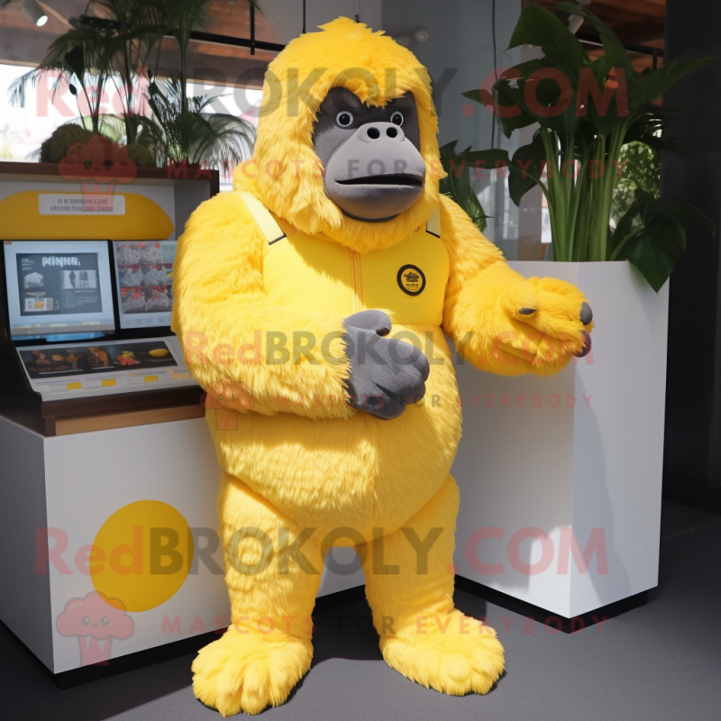 Lemon Yellow Gorilla mascot costume character dressed with a Romper and Mittens