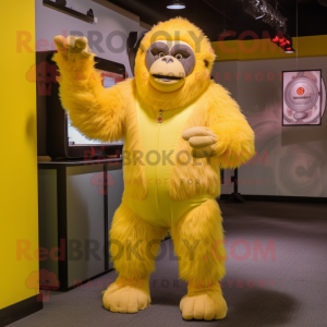 Lemon Yellow Gorilla mascot costume character dressed with a Romper and Mittens