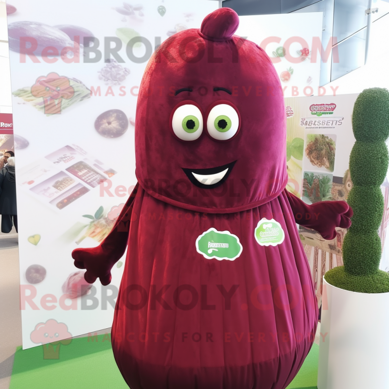 Maroon Cucumber mascot costume character dressed with a Wrap Dress and Hairpins Maroon Cucumber mascot costume character dressed with a Wrap Dress and Hairpins