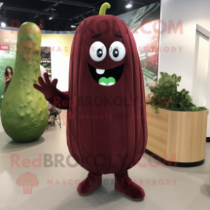 Maroon Cucumber mascot costume character dressed with a Wrap Dress and Hairpins