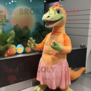 Peach Iguanodon mascot costume character dressed with a Wrap Skirt and Brooches