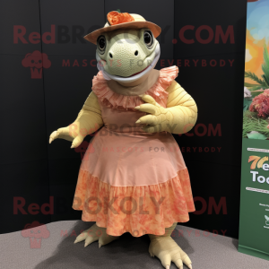Peach Iguanodon mascot costume character dressed with a Wrap Skirt and Brooches