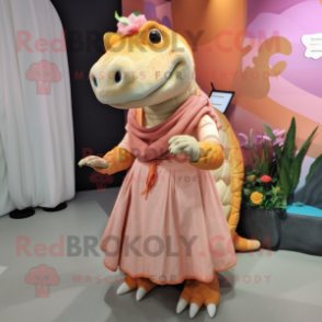Peach Iguanodon mascot costume character dressed with a Wrap Skirt and Brooches