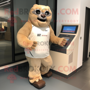Beige Giant Sloth mascot costume character dressed with a Running Shorts and Caps