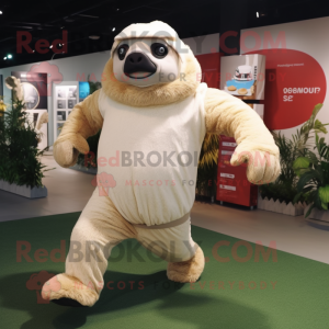 Beige Giant Sloth mascot costume character dressed with a Running Shorts and Caps