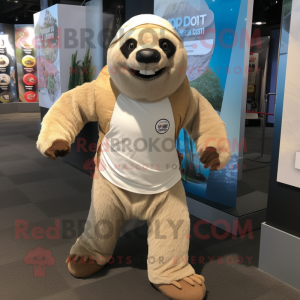 Beige Giant Sloth mascot costume character dressed with a Running Shorts and Caps