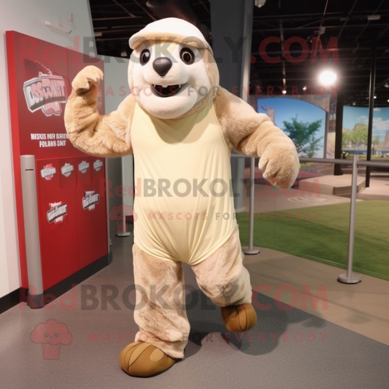 Beige Giant Sloth mascot costume character dressed with a Running Shorts and Caps