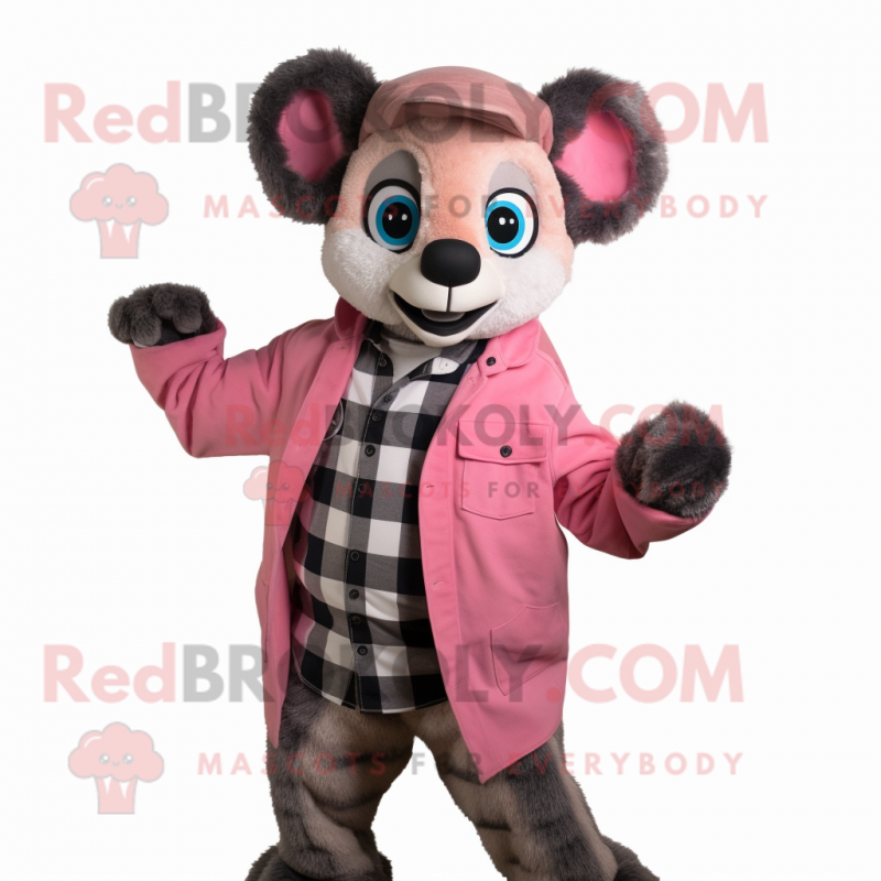 Pink Lemur mascot costume character dressed with a Flannel Shirt and Gloves