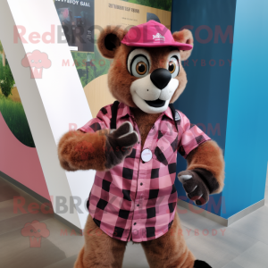 Pink Lemur mascot costume character dressed with a Flannel Shirt and Gloves