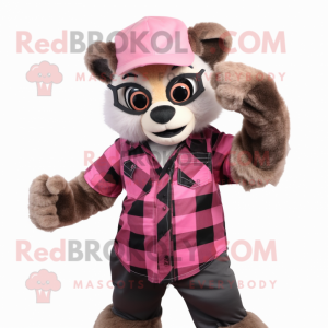 Pink Lemur mascot costume character dressed with a Flannel Shirt and Gloves