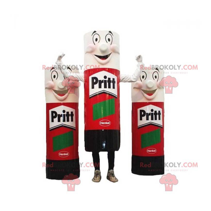 3 mascots of giant red, black and white tubes of glue -
