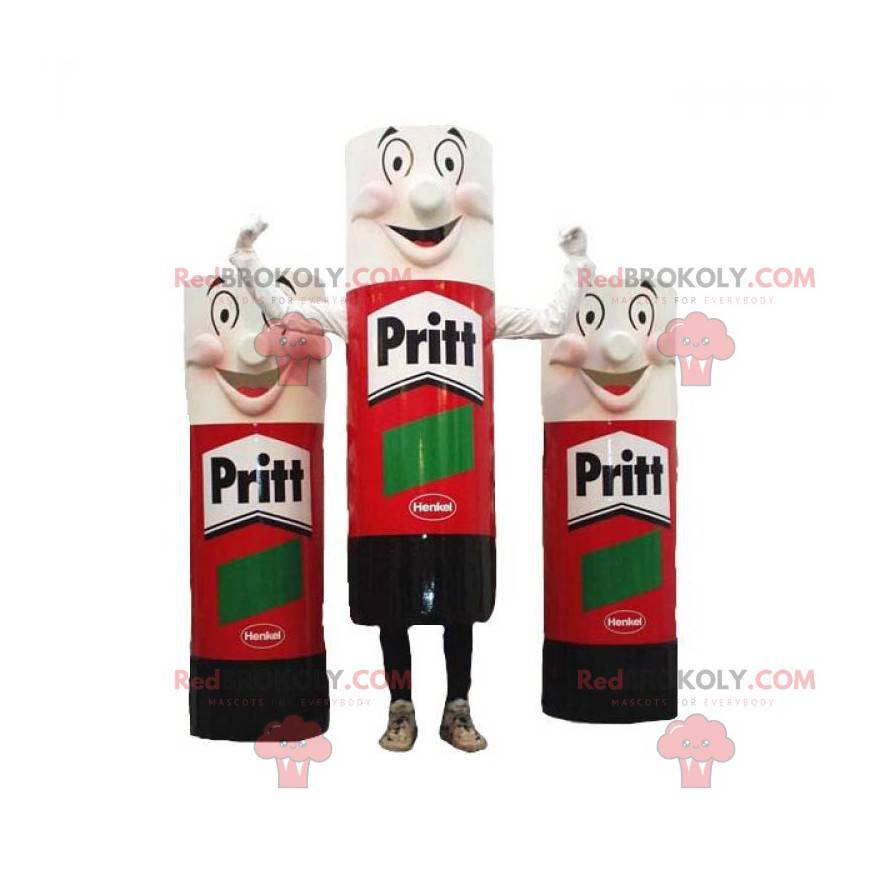 3 mascottes van gigantische rode, zwarte en witte lijmbuizen -