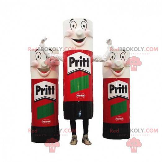 3 mascots of giant red, black and white tubes of glue -