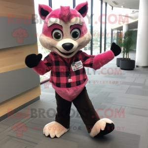Pink Lemur mascot costume character dressed with a Flannel Shirt and Gloves