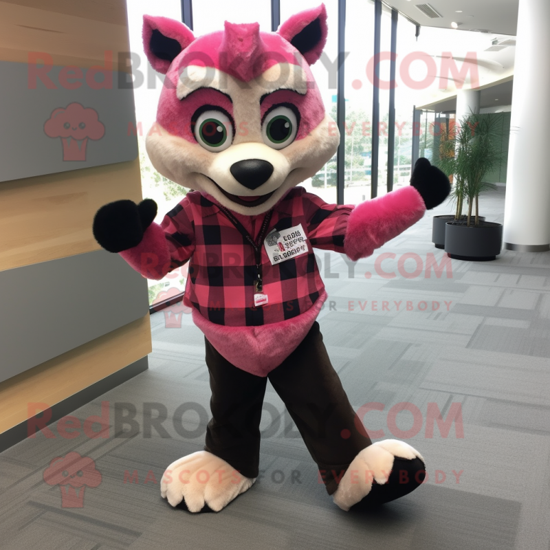 Pink Lemur mascot costume character dressed with a Flannel Shirt and Gloves Pink Lemur mascot costume character dressed with a Flannel Shirt and Gloves