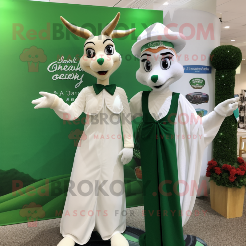 Green Gazelle mascot costume character dressed with a Wedding Dress and Berets Green Gazelle mascot costume character dressed with a Wedding Dress and Berets