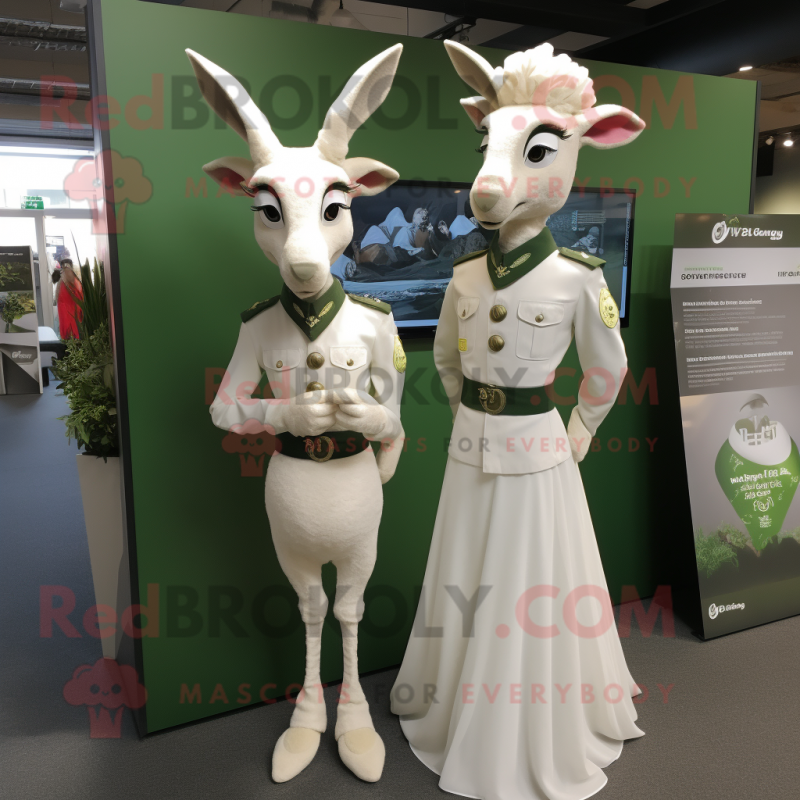 Green Gazelle mascot costume character dressed with a Wedding Dress and Berets Green Gazelle mascot costume character dressed with a Wedding Dress and Berets