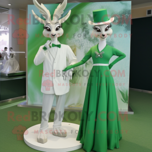 Green Gazelle mascot costume character dressed with a Wedding Dress and Berets