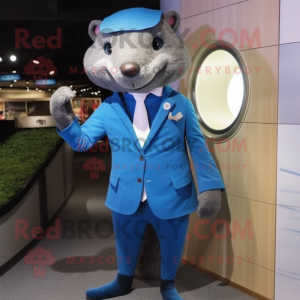 Blue Mongoose mascot costume character dressed with a Suit Jacket and Shoe clips