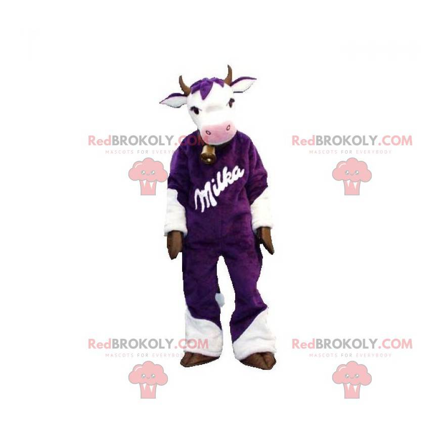 Mascotte de vache violette et blanche. Mascotte Milka -