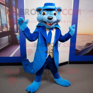 Blue Mongoose mascot costume character dressed with a Suit Jacket and Shoe clips