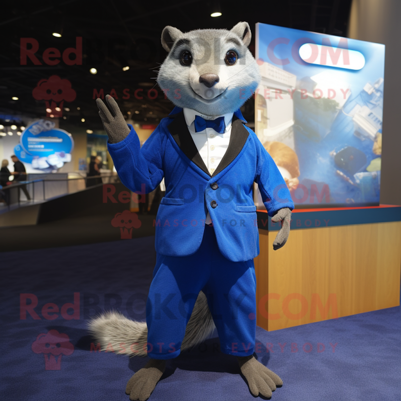 Blue Mongoose mascot costume character dressed with a Suit Jacket and Shoe clips