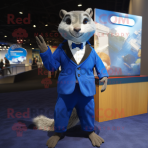 Blue Mongoose mascot costume character dressed with a Suit Jacket and Shoe clips