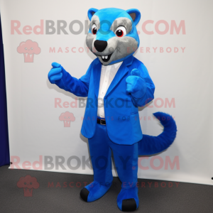 Blue Mongoose mascot costume character dressed with a Suit Jacket and Shoe clips