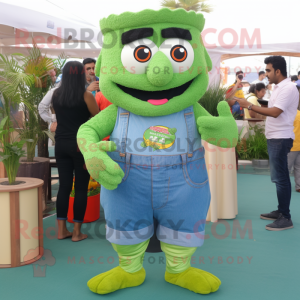 Green Biryani mascot costume character dressed with a Denim Shorts and Cufflinks