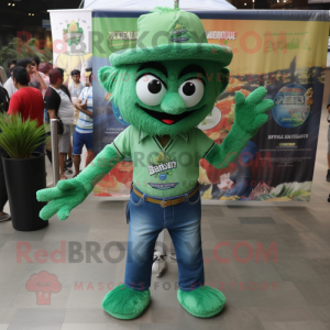 Green Biryani mascot costume character dressed with a Denim Shorts and Cufflinks