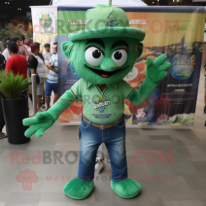 Green Biryani mascot costume character dressed with a Denim Shorts and Cufflinks