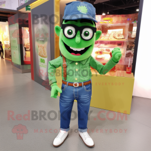 Green Biryani mascot costume character dressed with a Denim Shorts and Cufflinks