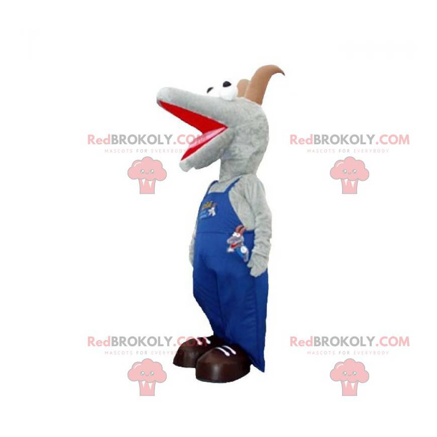 Mascote de cabra cinza e marrom vestindo macacão -