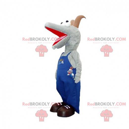 Gray and brown goat mascot dressed in overalls - Redbrokoly.com