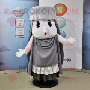 Gray Miso Soup mascot costume character dressed with a Skirt and Shawl pins