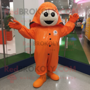 nan Orange mascot costume character dressed with a Raincoat and Foot pads