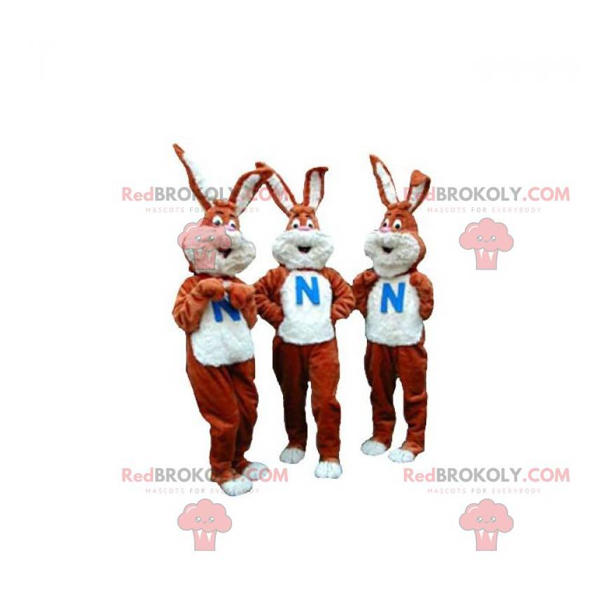 3 mascotes de coelhos marrons e brancos. Conjunto de 3 mascotes