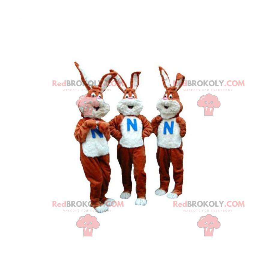 3 mascottes de lapins marron et blancs. Lot de 3 mascottes -