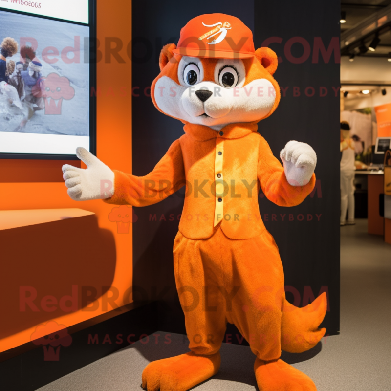 Orange Weasel mascot costume character dressed with a Culottes and Caps